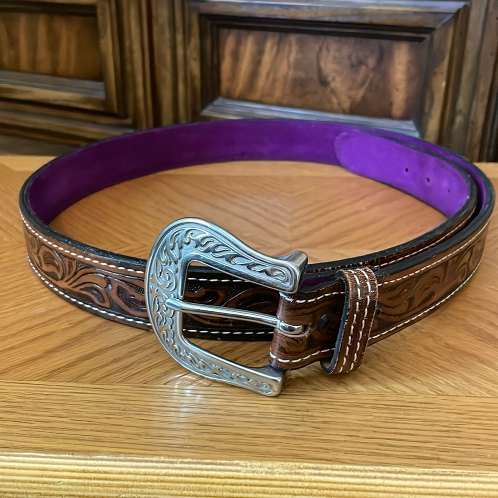 Vintage Brown Looper Tooled Leather Horse Shoe Buckle Western Belt 38-42